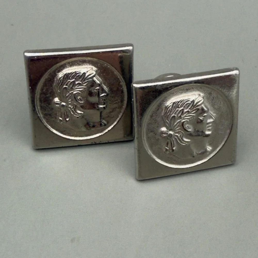 Cufflinks Greco-Roman Profile Coin Square Silver Tone Metal Mens Fixed Back